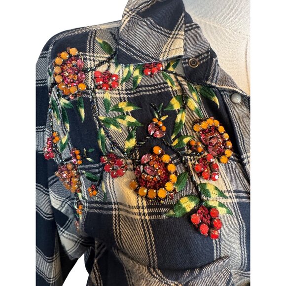 2/$30 ZARA S Plaid Navy Blue Longline Shirt Jacket Floral Beading & Snaps - Picture 5 of 16